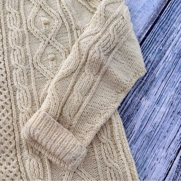 Handmade Hand Knit Cream Fisherman Cable Knit Wool Sweater Size US S / EU 44-46 / 1 - 4 Thumbnail