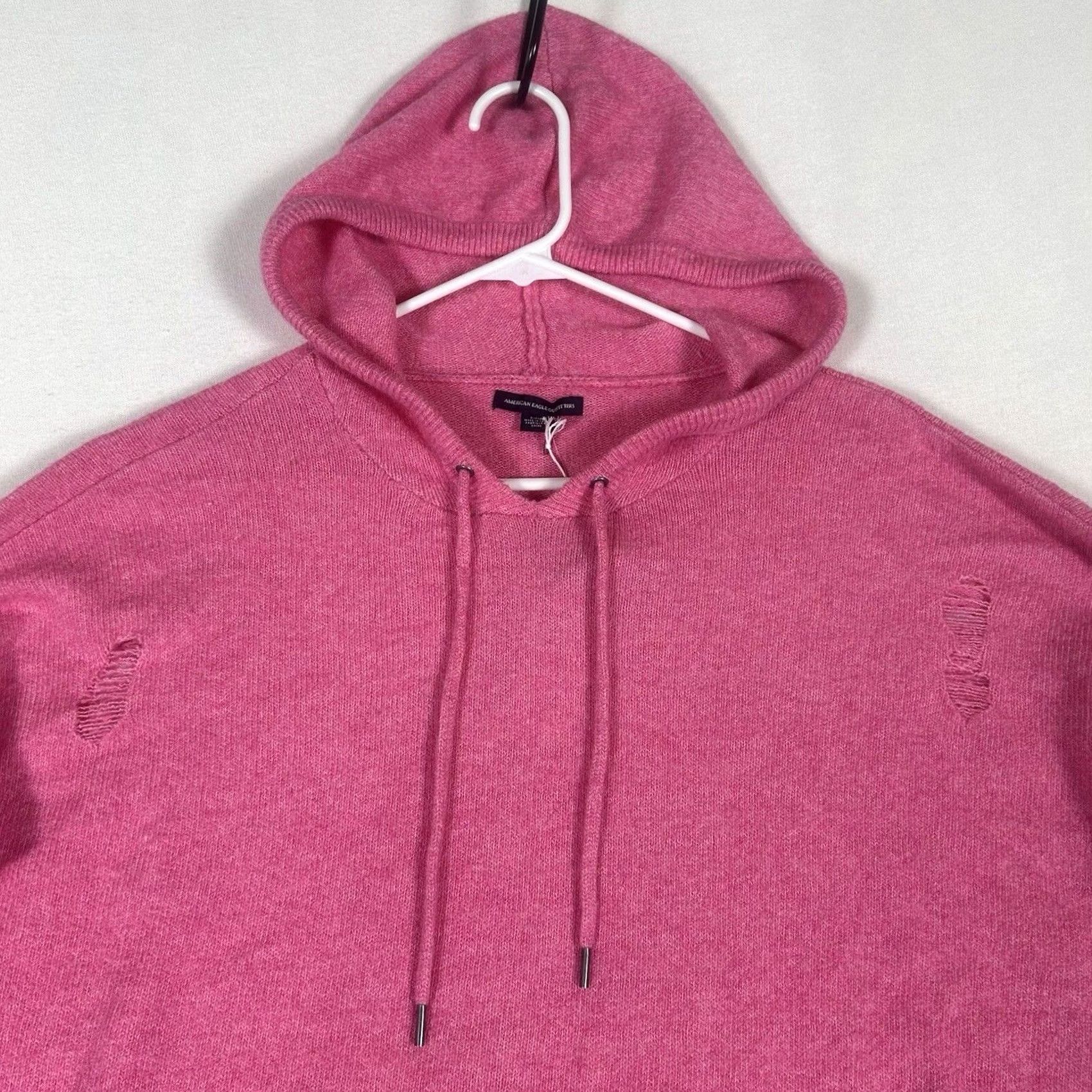 American Eagle Outfitters VINTAGE American Eagle Sweater Womens S Pink Distressed Fringe Hooded Oversized Knit Pullover Size S / US 4 / IT 40 - 2 Thumbnail