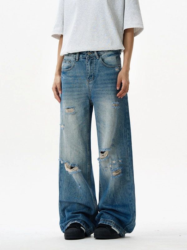 Vintage Blue distressed whisker men's straight washed jeans Size US 32 / EU 48 - 2 Thumbnail