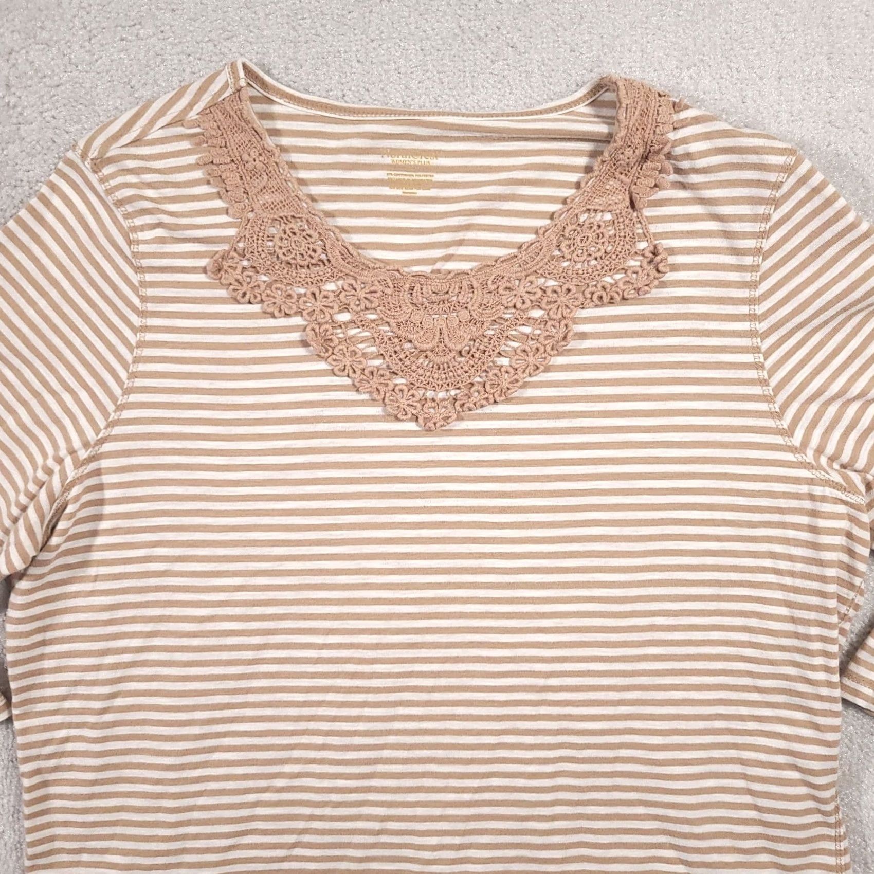 Vintage Northcrest Women's 1X Plus Brown Stripe 3/4 Sleeve Scoop Neck Crochet Shirt Size XL / US 12-14 / IT 48-50 - 3 Thumbnail