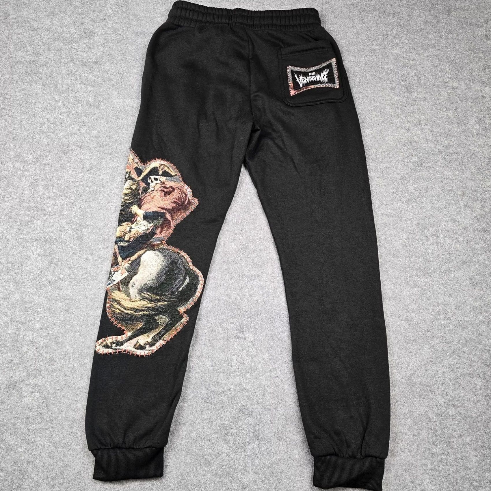 Vintage Rebel Vengeance Pants Mens Small Black Fleece Sweatpants Patchwork Size US 29 - 5 Thumbnail