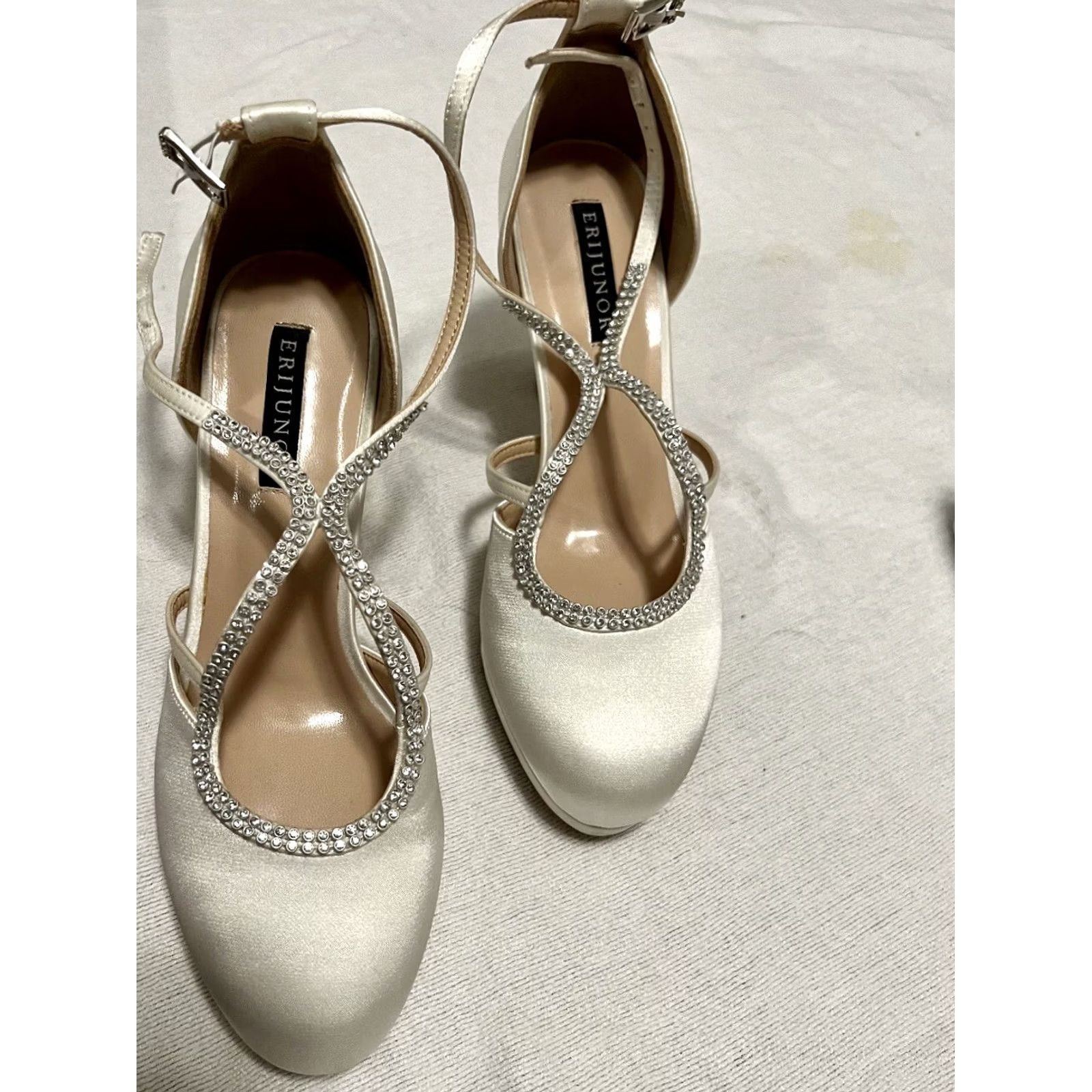 Vintage Womens Satin Ivory High Heel Closed Toe SIZE 7 Rhinestone Heels Wedding Buckle Erijunor Stiletto 7 Womens Shoes Size US 7 / IT 37 - 5 Thumbnail