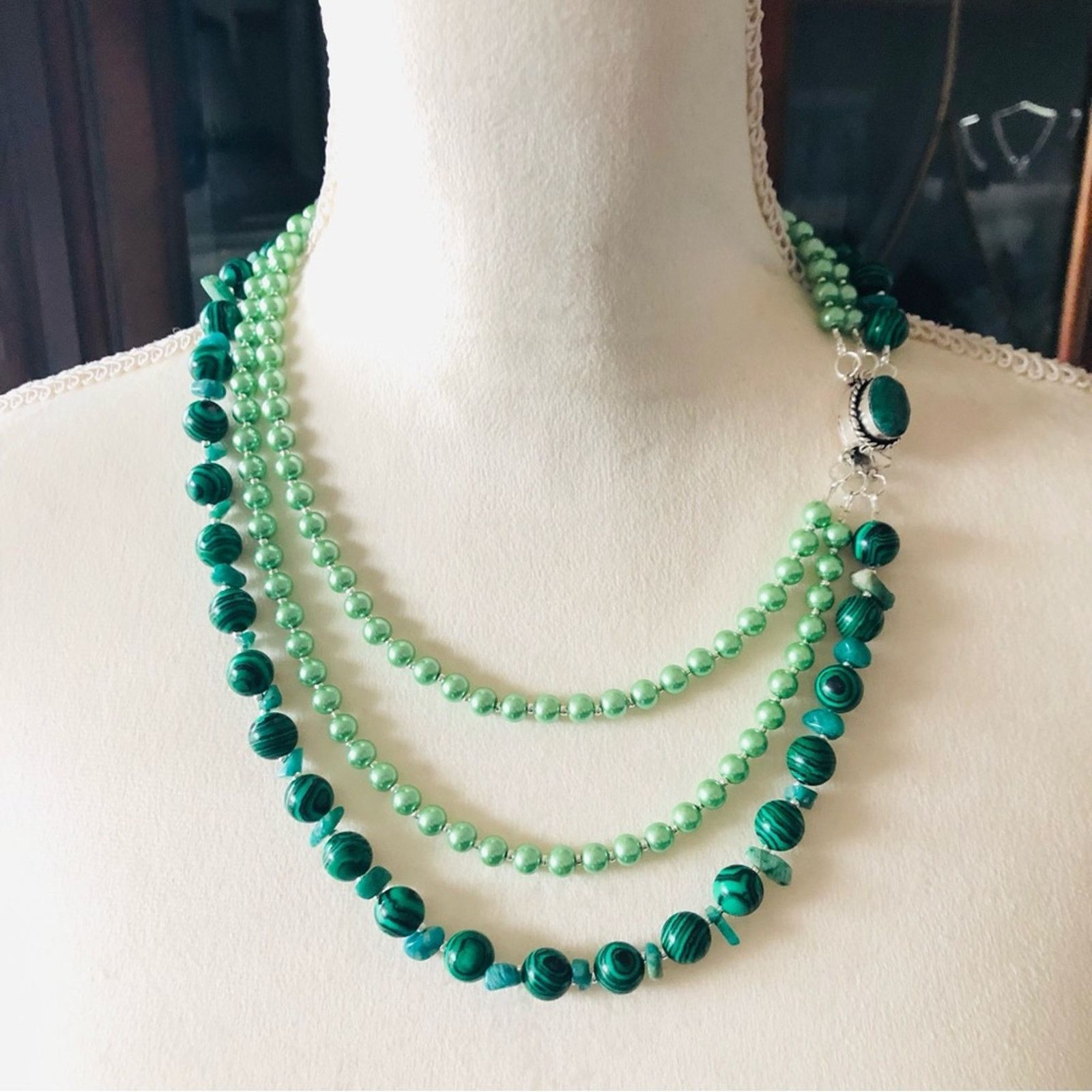 Handmade Handcrafted malachite Czech glass genuine emerald necklace Size ONE SIZE - 2 Thumbnail