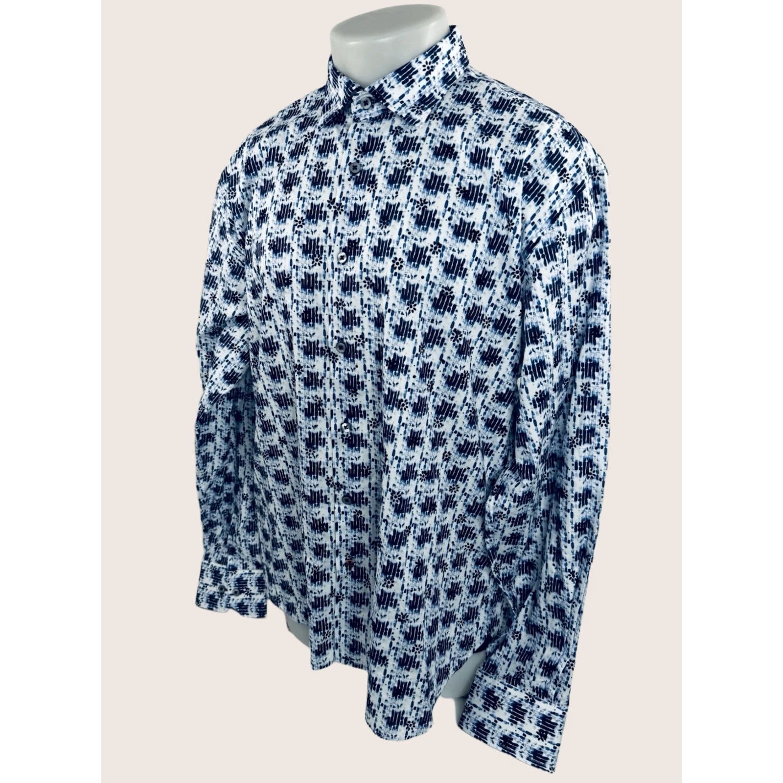 Vintage LANSKY BROS Abstract Geometric Mens XXL Shirt Long Sleeve Button-Up Blue / White 2XL Mens Size US XXL / EU 58 / 5 - 1 Thumbnail