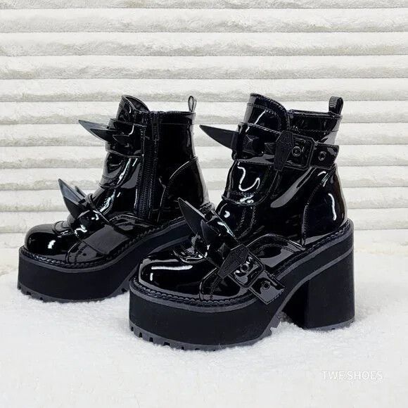 Demonia Cult DEMONIA Assault Black Patent Claw Spiked Platform Ankle Boot Size US 7 / IT 37 - 2 Thumbnail