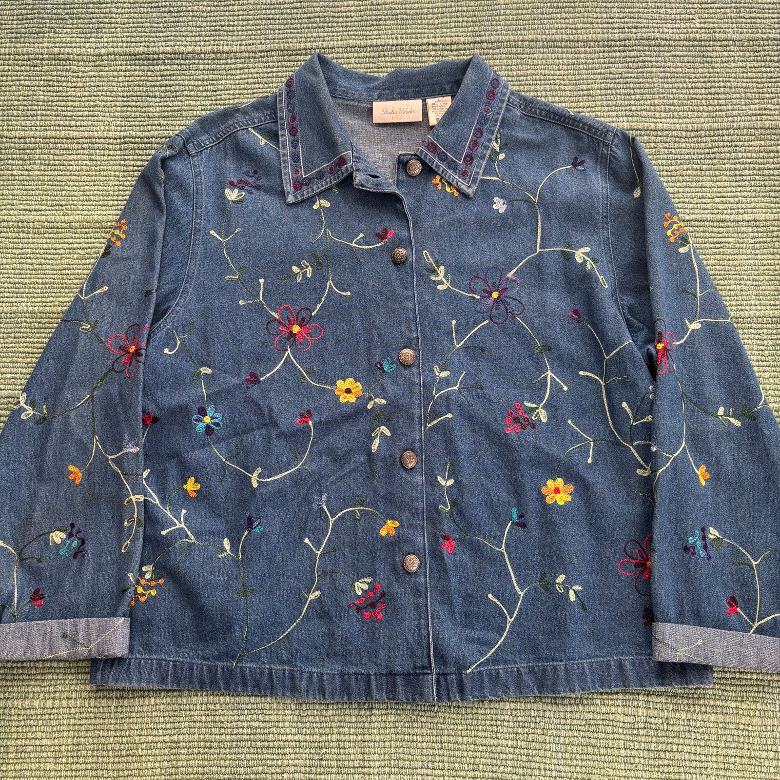 Vintage VTG 90s StudioWorks Chainstitched Floral Denim Womens Jacket Size L / US 10 / IT 46 - 1 Thumbnail