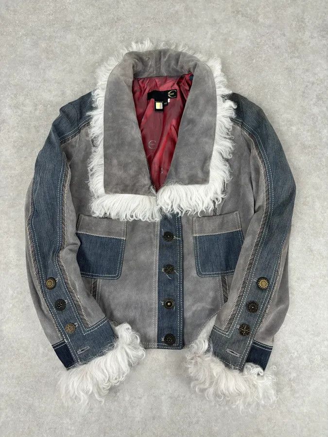 Roberto Cavalli AW2005 Cavalli Mongolian Fur Grey Leather & Blue Denim Jacket Size M / US 6-8 / IT 42-44 - 1 Thumbnail