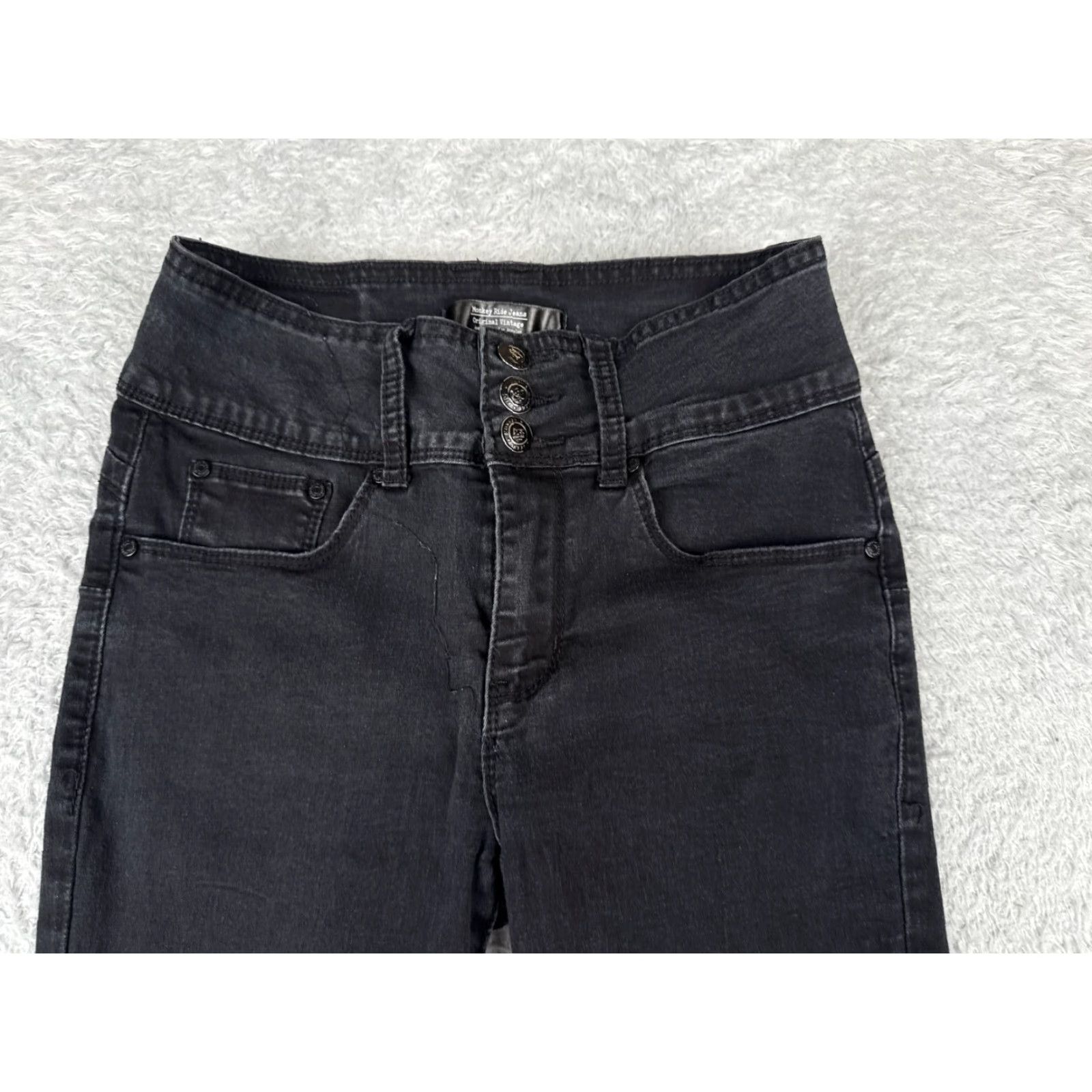 Vintage Monkey Ride Jeans Juniors 1 Black Skinny Denim Regular Rise Mid 24x29 5-Pocket Distressed Stretch Vintage No USA Womens Size 25" / US 0 / IT 36 - 4 Thumbnail