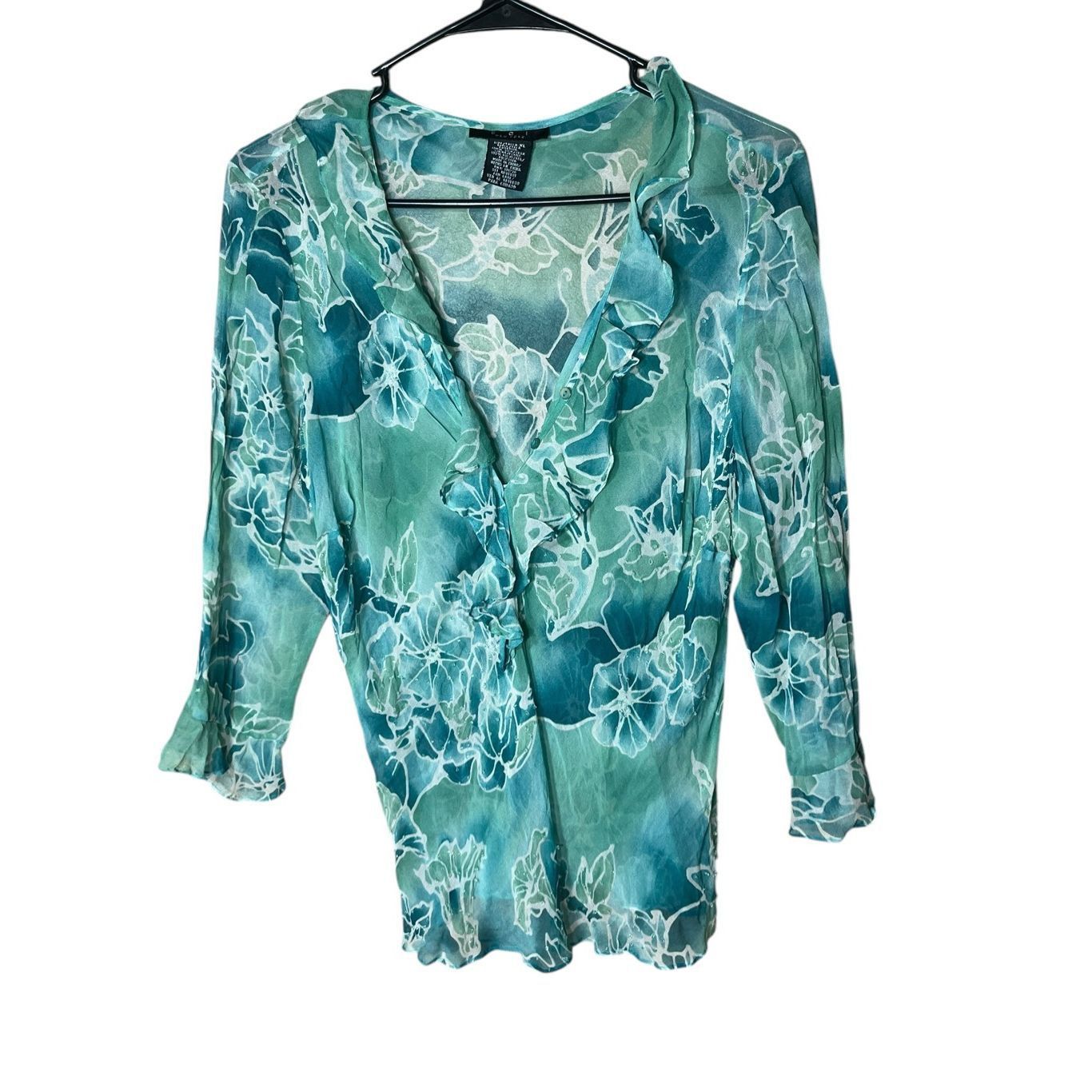 Other Vintage Y2K ECI New York Blue Floral Print Silk Chiffon Ruff Size XL / US 12-14 / IT 48-50 - 1 Thumbnail