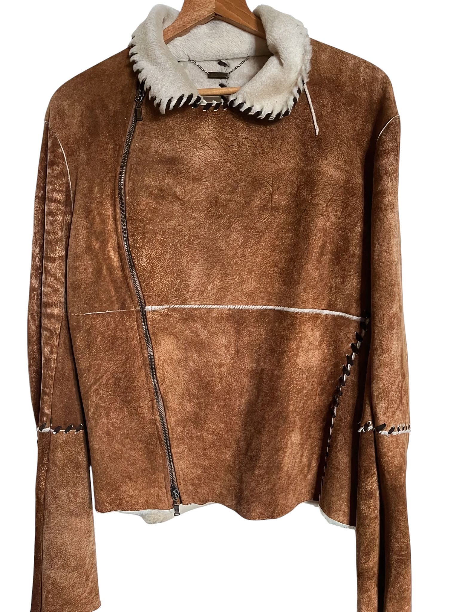 Roberto Cavalli ARCHIVE SHEARLING SUEDE LEATHER ASYMMETRIC ZIP JACKET Size US L / EU 52-54 / 3 - 1 Thumbnail
