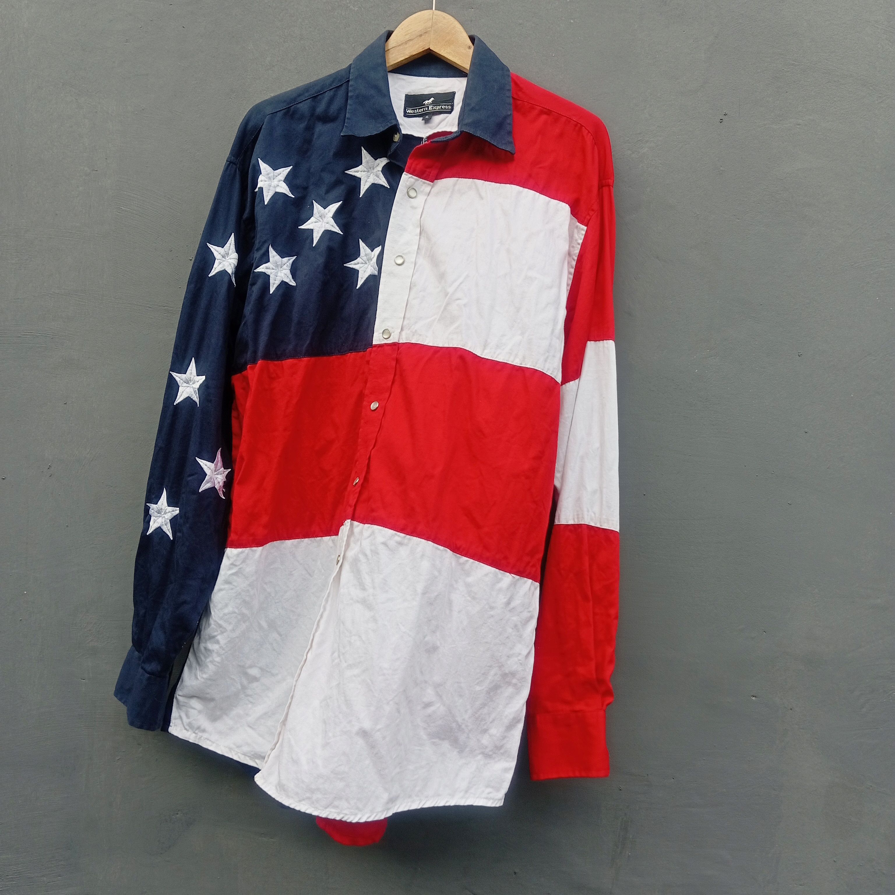 image of Cowboy Equipment x Rodeo Vintage American Flag Ranchwear Shirts in Navy/White/Red, Men's (Size XL)