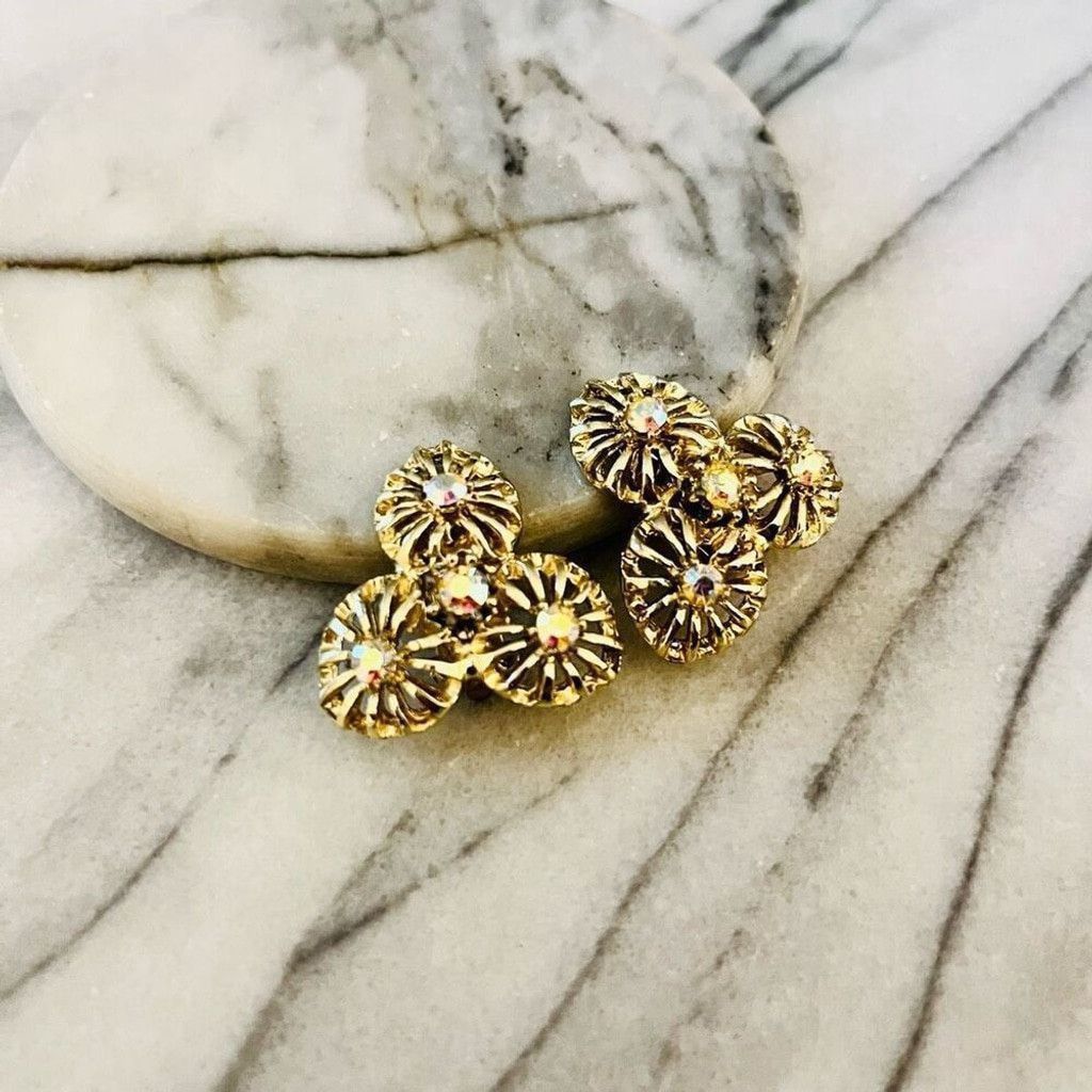 Vintage Vintage AB Crystal Earrings Clip On Gold Toned Metal Size ONE SIZE - 3 Thumbnail