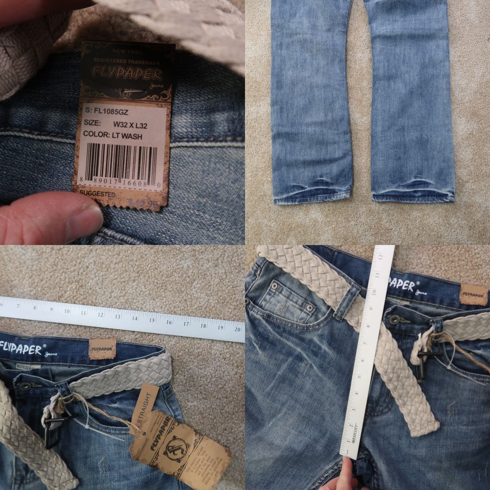 Denime Flypaper Jeans Men's 32x32 Blue Denim Belted Straight Leg 5-Pocket Mid Rise Distressed Stretch Regular Size US 32 / EU 48 - 8 Thumbnail
