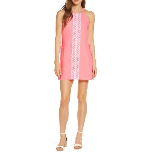 image of NWT Lilly Pulitzer Lillys Coral Neon Pink Pearl Shift Romper, Women's (Size Small)