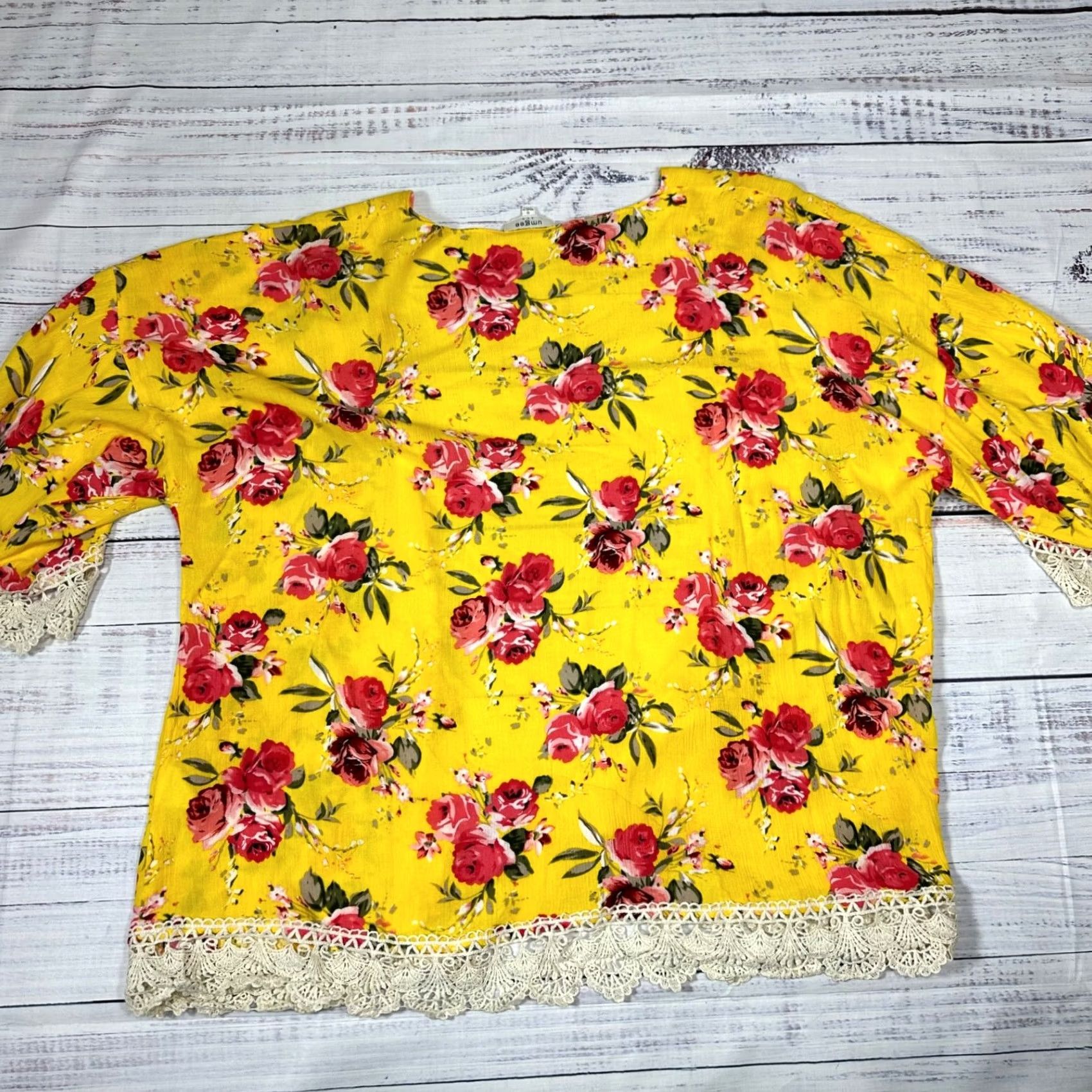 Vintage UMGEE Womens Open Front Lace Trim Kimono Top Size S Yellow Floral Print Blouse Size S / US 4 / IT 40 - 4 Thumbnail