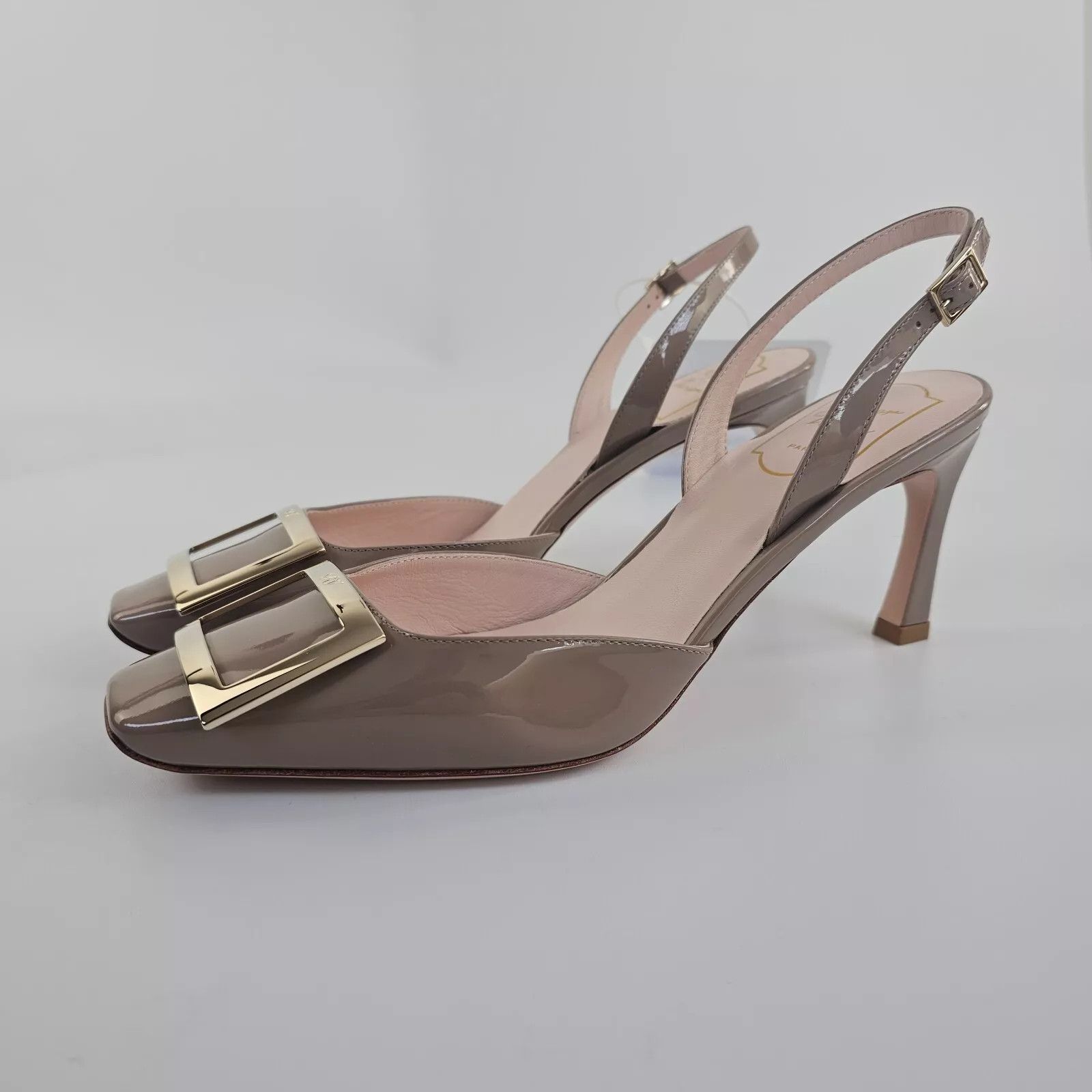 Roger Vivier Trompette Taupe 70mm Slingback Pumps New