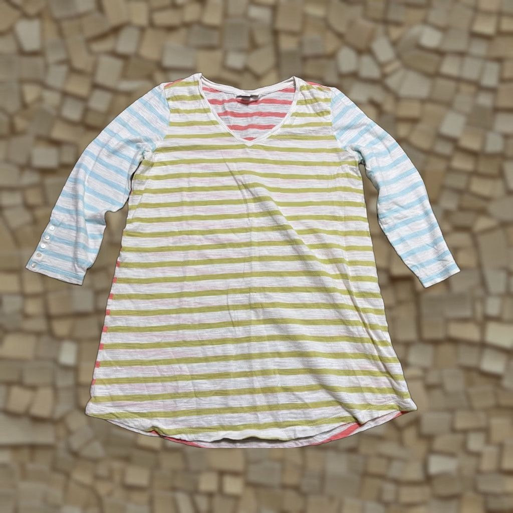 J. Jill J. Jill Shirt Womens XS Striped 3/4 Sleeve V-neck Multicolor Blue Green Pink White T-Shirt Casual Womens XS Size XS / US 0-2 / IT 36-38 - 1 Thumbnail