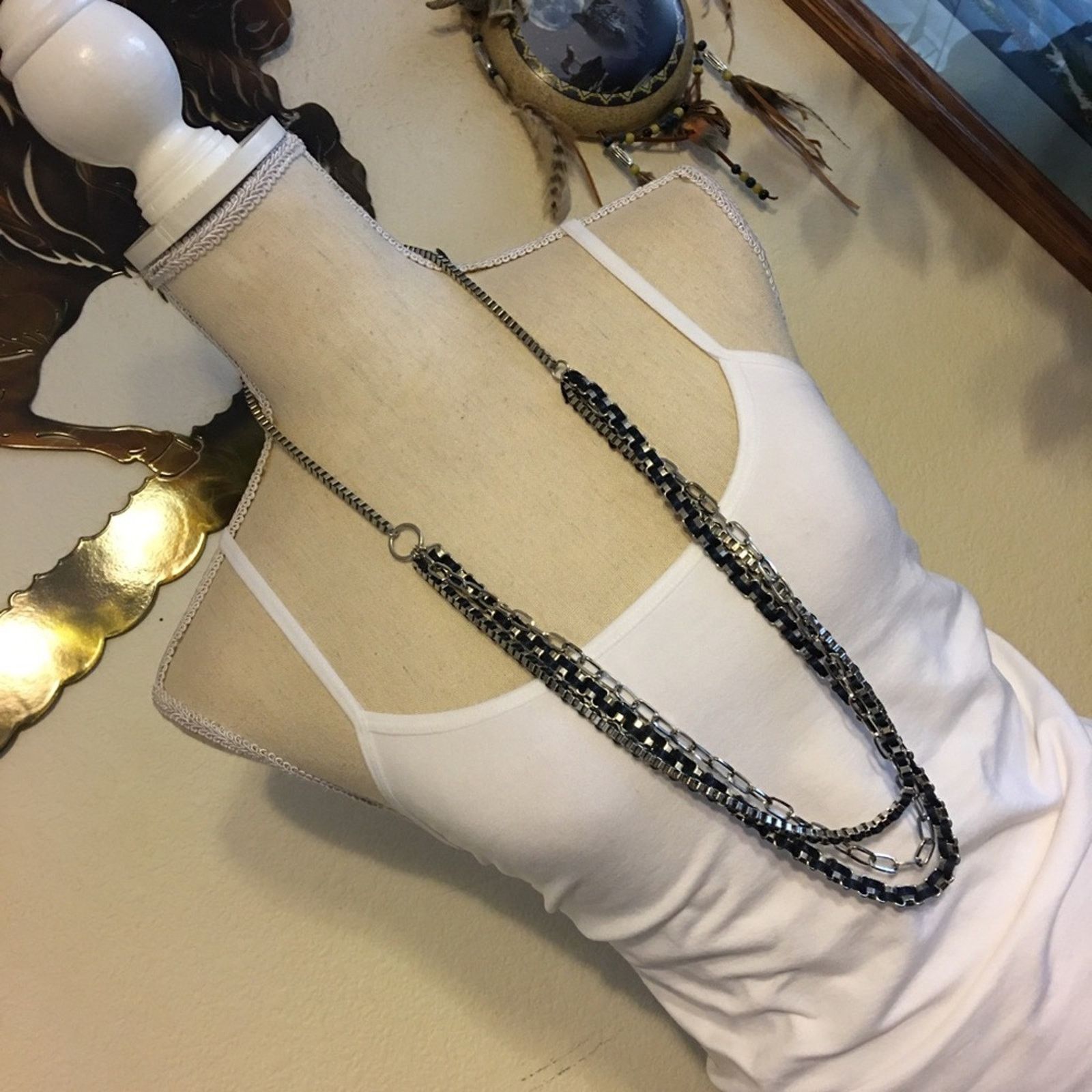 Jewelry Silver box link chain woven navy ribbon necklace Size ONE SIZE - 3 Thumbnail