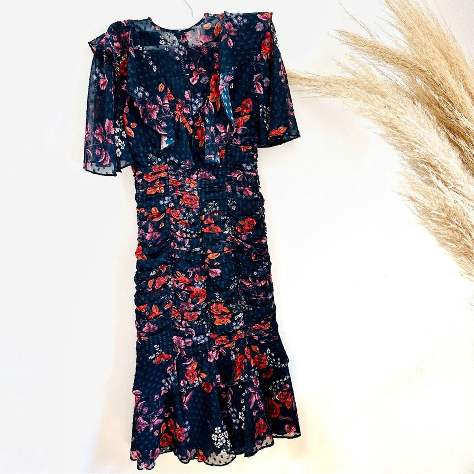 Nordstrom Keepsake Navy Blue Red White Floral Ruffle Ruche Midi Dress Size XS / US 0-2 / IT 36-38 - 11 Thumbnail