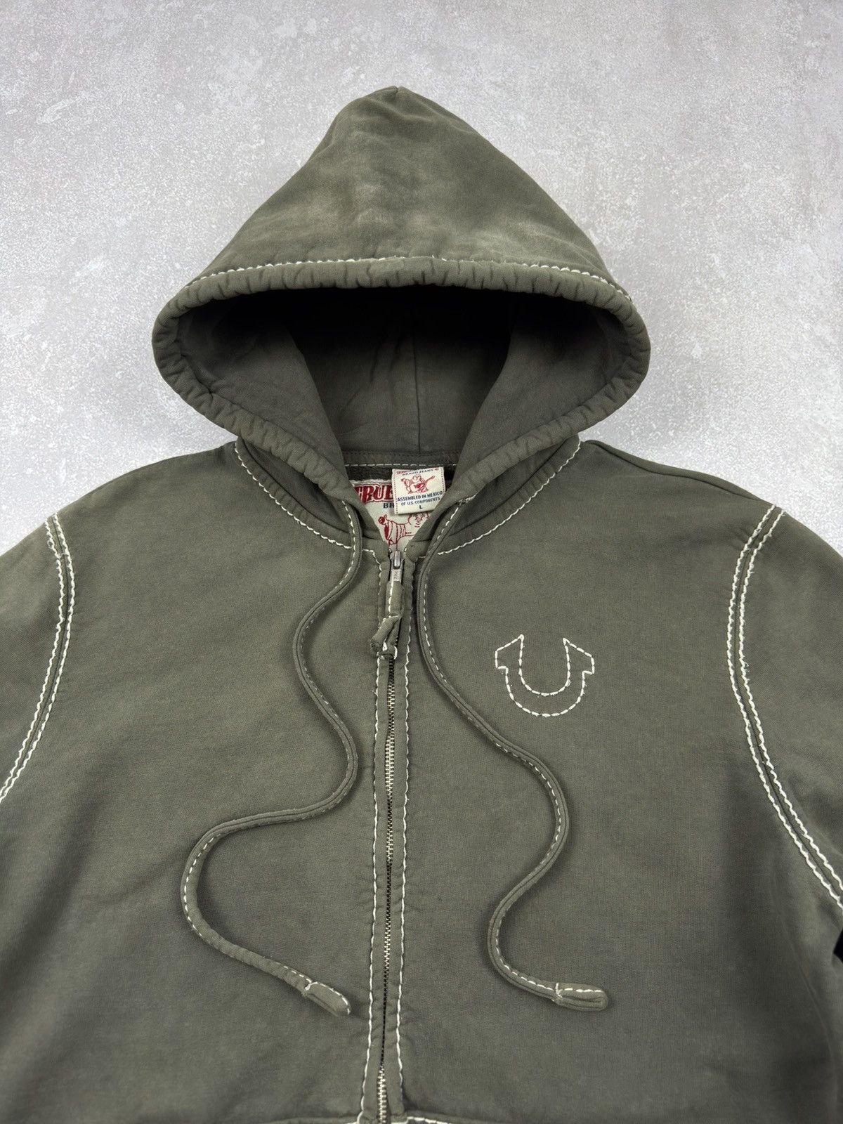True Religion Vintage True Religion Zip Hoodie Big-T Khaki Washed Destroye Size US L / EU 52-54 / 3 - 13 Thumbnail