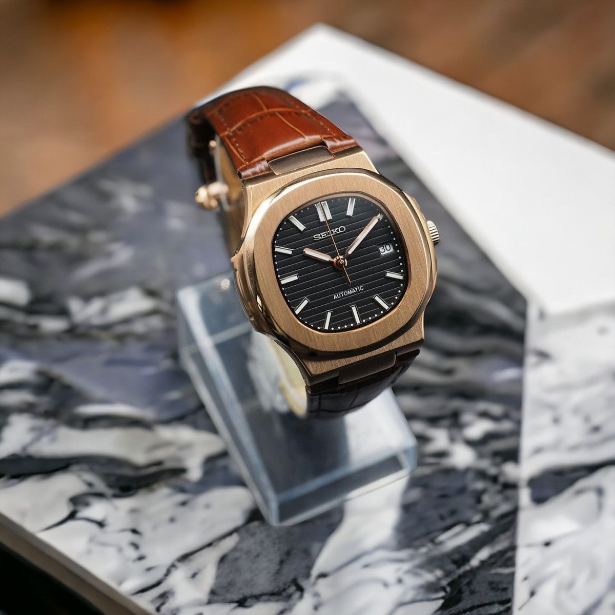 Japanese Brand Seiko Mod Nautilus Black Rosegold Leather Strap Watch 41mm Size ONE SIZE - 1 Thumbnail