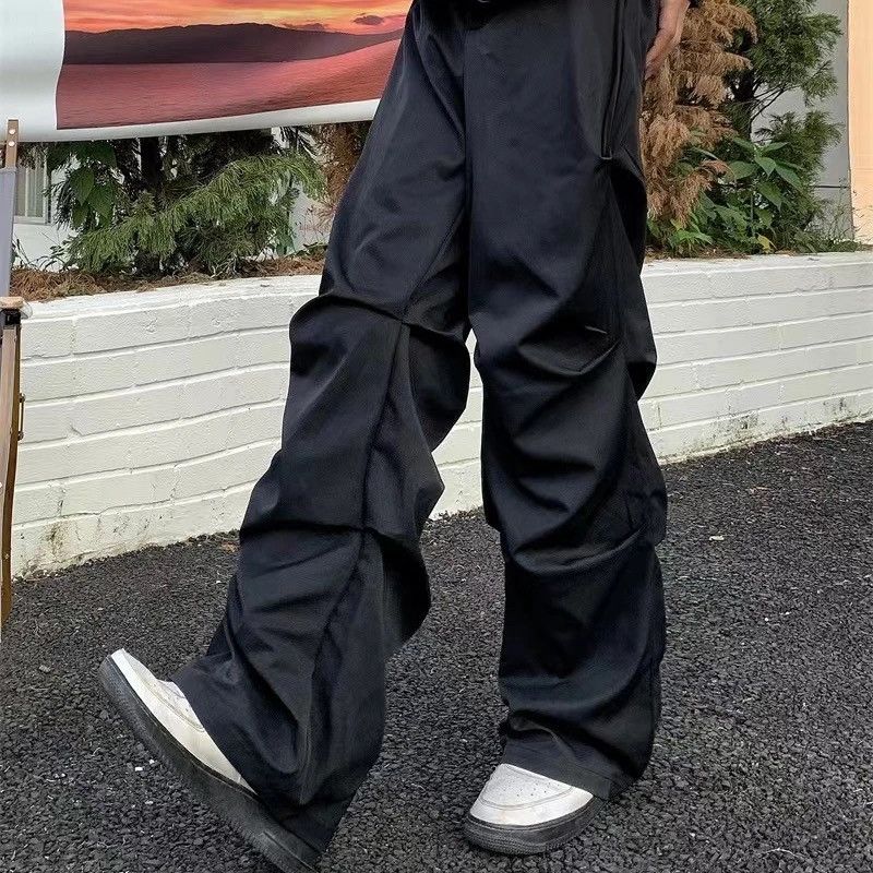 image of Black Color Ruched Elastic Waist Cargo Pant, Men's (Size 32)