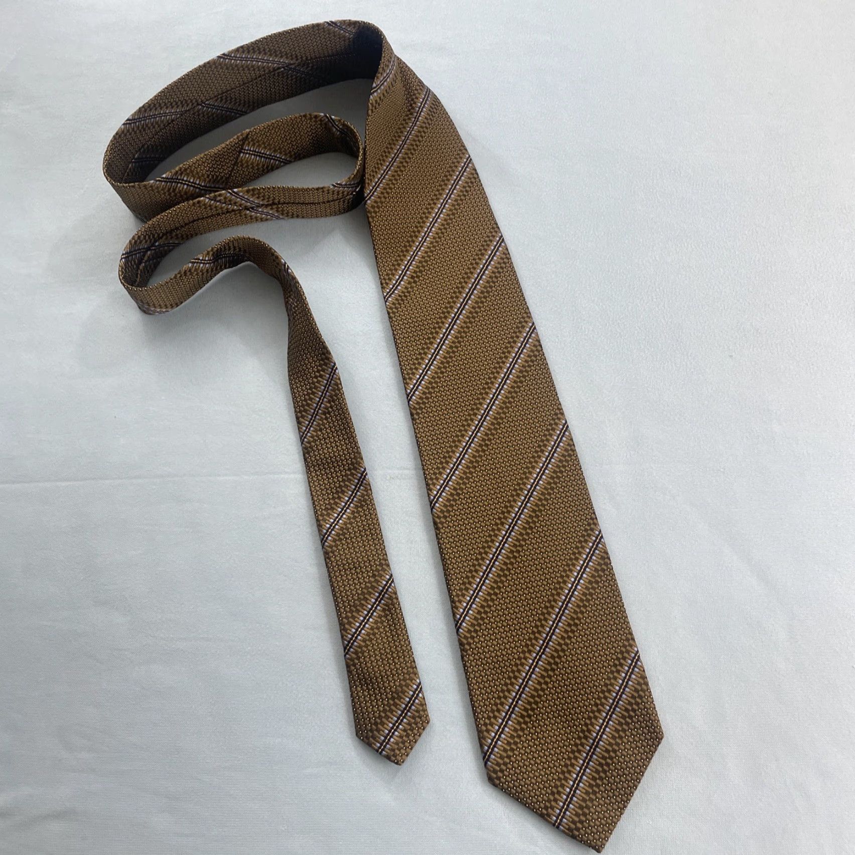 Vintage VINTAGE XMI Designer Tie Men Silk 100% Silk Hand Made Classic 57"-60" Brown Gold Black Blue Geometric Striped Accents Executive Wide 1990s USA Mens Size ONE SIZE - 4 Thumbnail