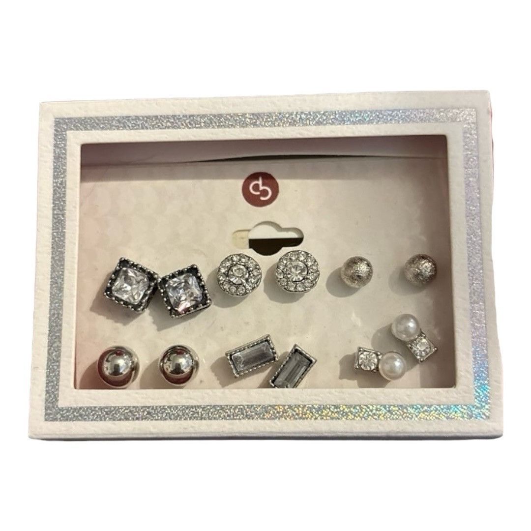 Other 6‑Pair Silver‑Tone Stud Earrings Set – Rhinestones & Pearls Size ONE SIZE - 1 Preview