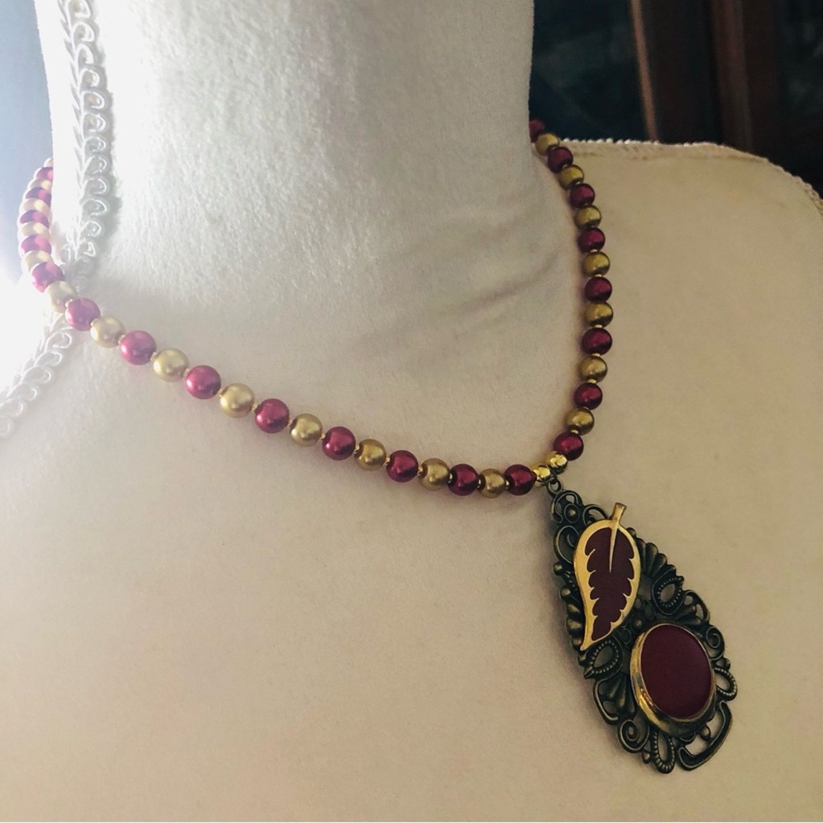 Handmade Handcrafted repurpose red enamel filigree pearl necklace Size ONE SIZE - 3 Thumbnail