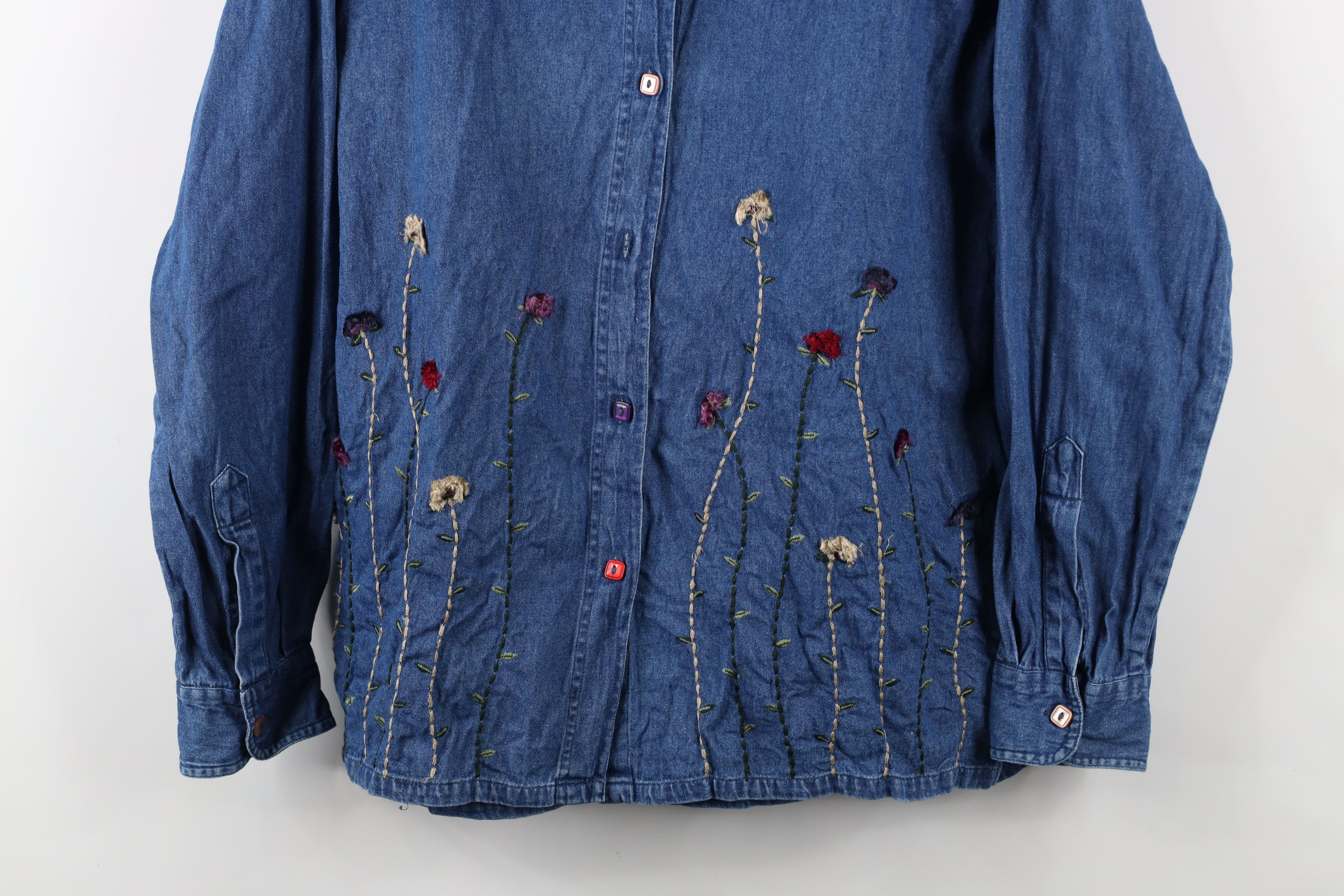 Vintage Vintage 90s Streetwear Flower Denim Jean Button Shirt Size XL / US 12-14 / IT 48-50 - 3 Thumbnail