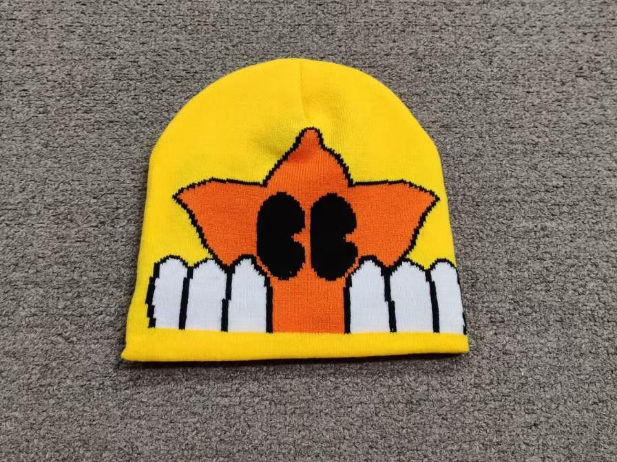 Japanese Brand StarBoy Star Emoji No Cuff Knit Skully Beanie Hat Yellow