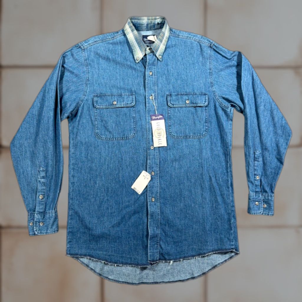 Wrangler VINTAGE Wrangler Shirt Adult MEDIUM Blue Denim Gold Buckle Deadstock Tags 90s Size US M / EU 48-50 / 2 - 1 Thumbnail