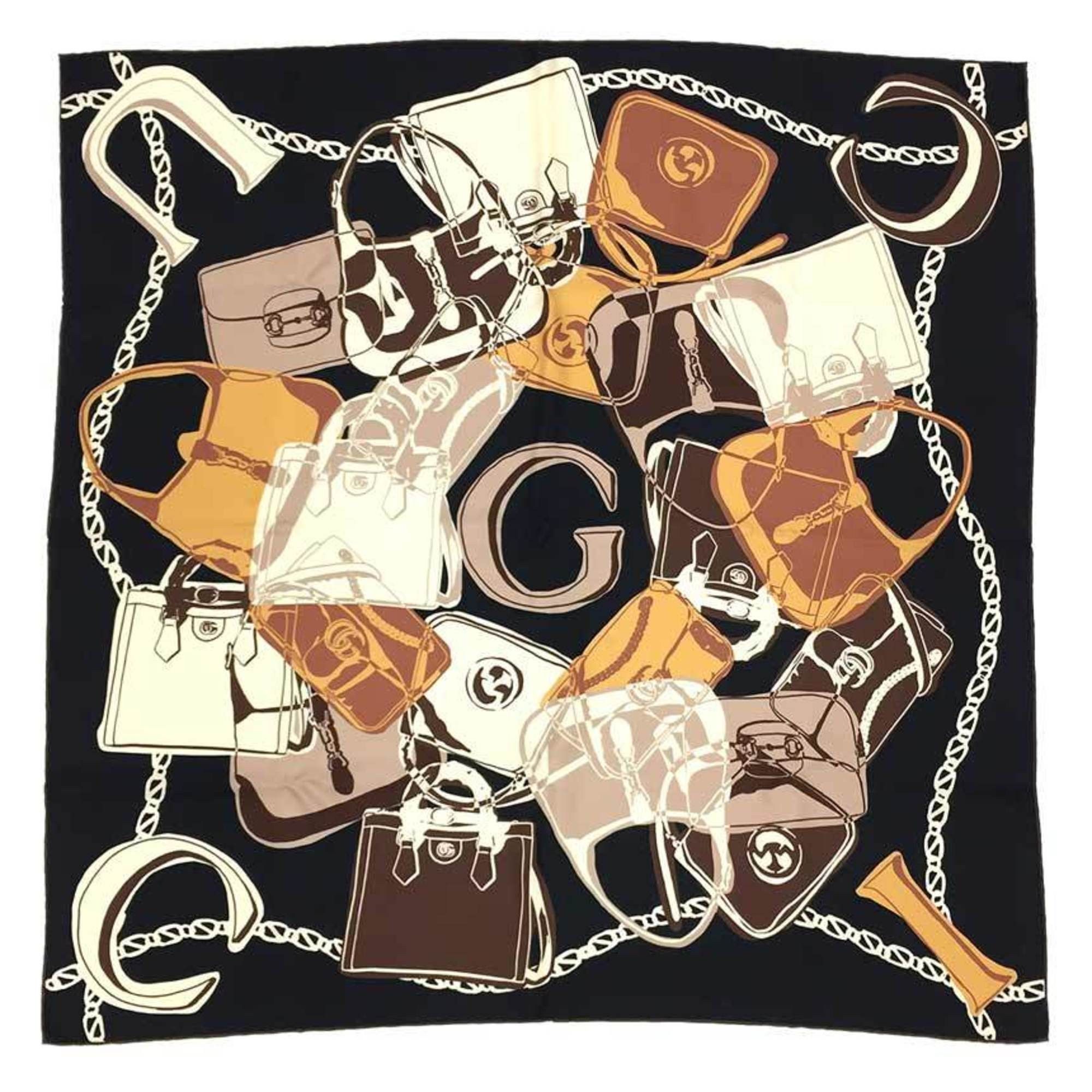 image of Gucci Scarf Muffler 723139 Large Carre 100% Silk Bag Navy in Brown, Women's