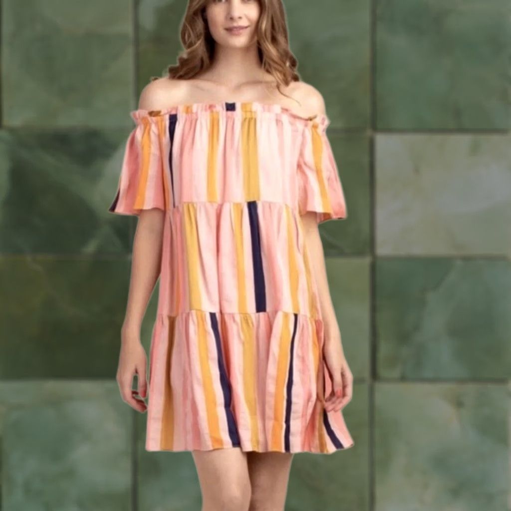 Trina Turk Trina Turk Dress Womens 6 Pink Italian Cabana Striped Linen Blend Off The Shoulder Size M / US 6-8 / IT 42-44 - 1 Thumbnail