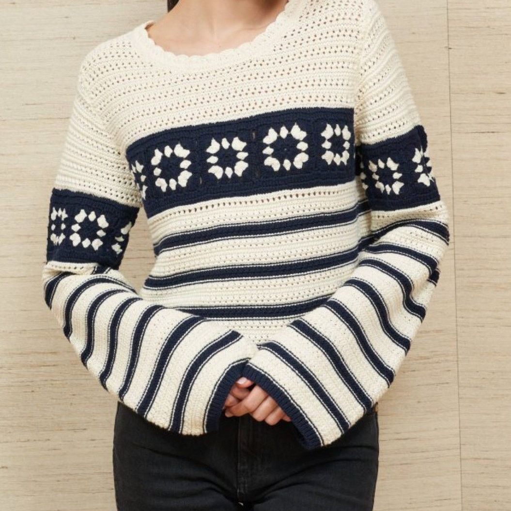 La Ligne La Ligne Striped Pointelle Pullover Knit Sweater Blue/Cream Size S / US 4 / IT 40 - 1 Thumbnail