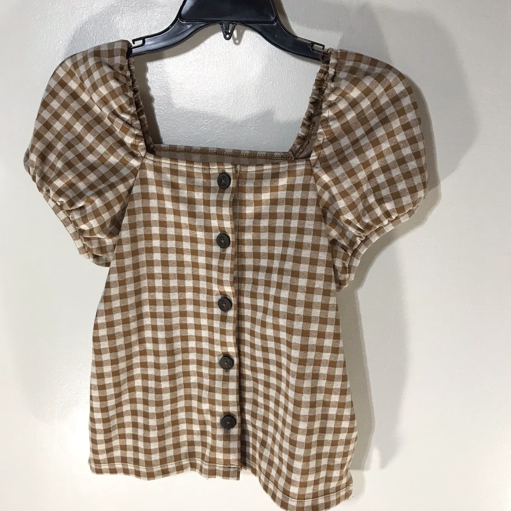 Madewell Madewell Women's Checked Cropped Button-Up Top XS Brown/White Cap Sleeve Knit Summer Casual Size XS / US 0-2 / IT 36-38 - 2 Thumbnail