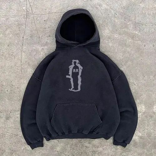 Hoodie Black washed retro street fashion print hoodie y2k