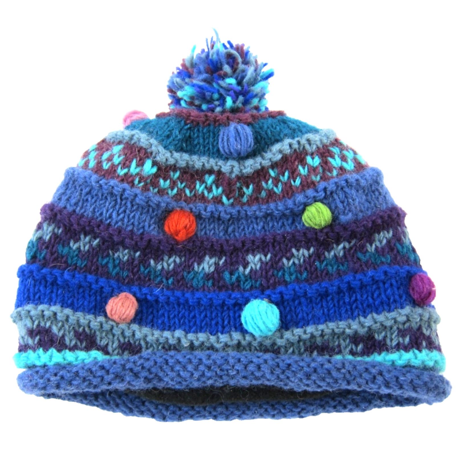 Vintage Ganesh Himal Beanie Hat OS Knit Blue 100% Wool Fleece Lined Pom Pom One Size Womens Size ONE SIZE - 2 Thumbnail