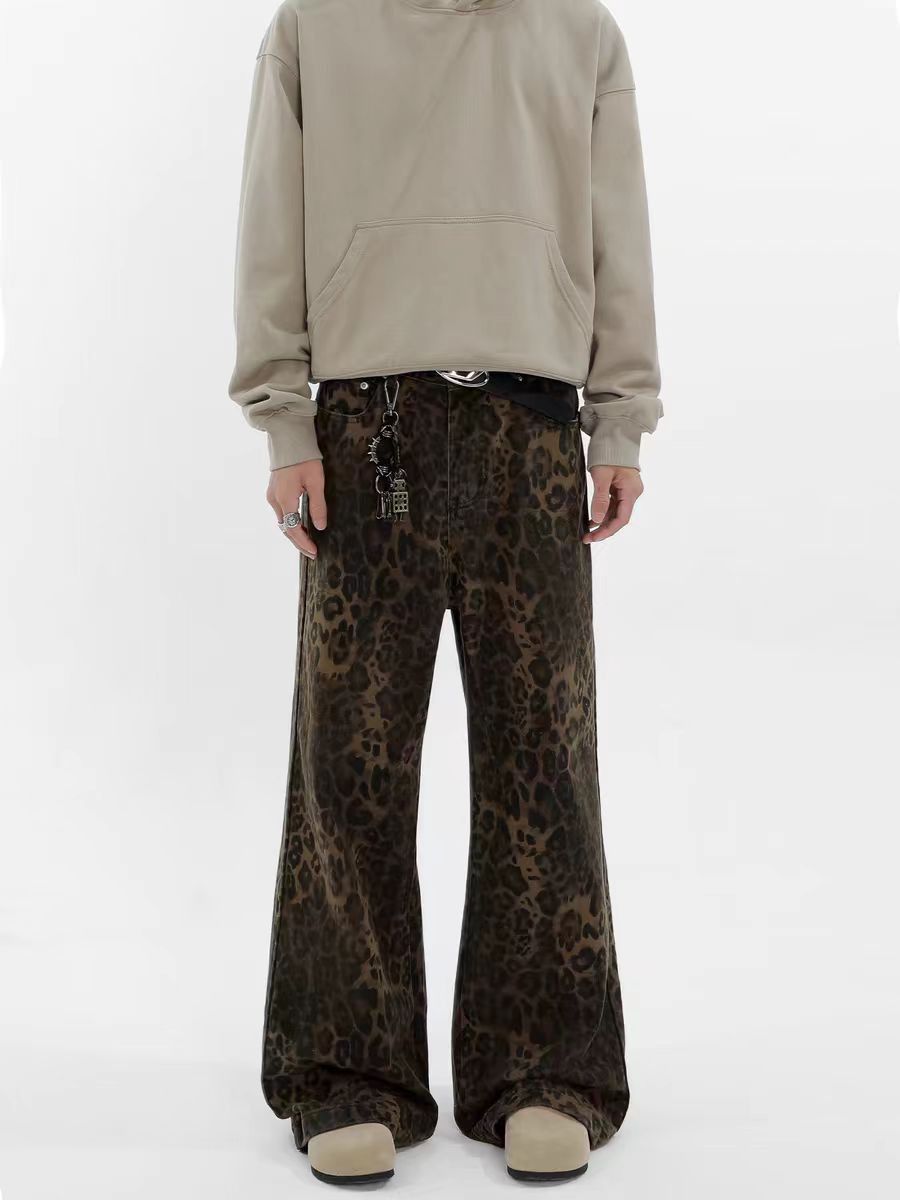 Jean Vintage High Street Hip Hop Leopard Print Wide Leg Jeans Size US 33 - 2 Thumbnail