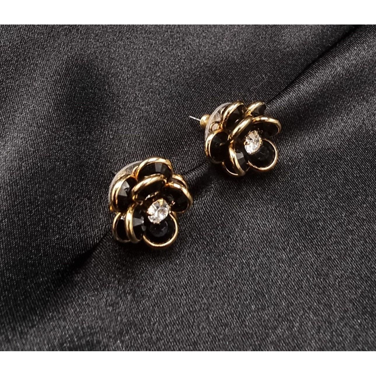 Swarovski Vintage 1990s Swarovski Black & Gold Flower Crystal Stud Ear Size ONE SIZE - 3 Thumbnail