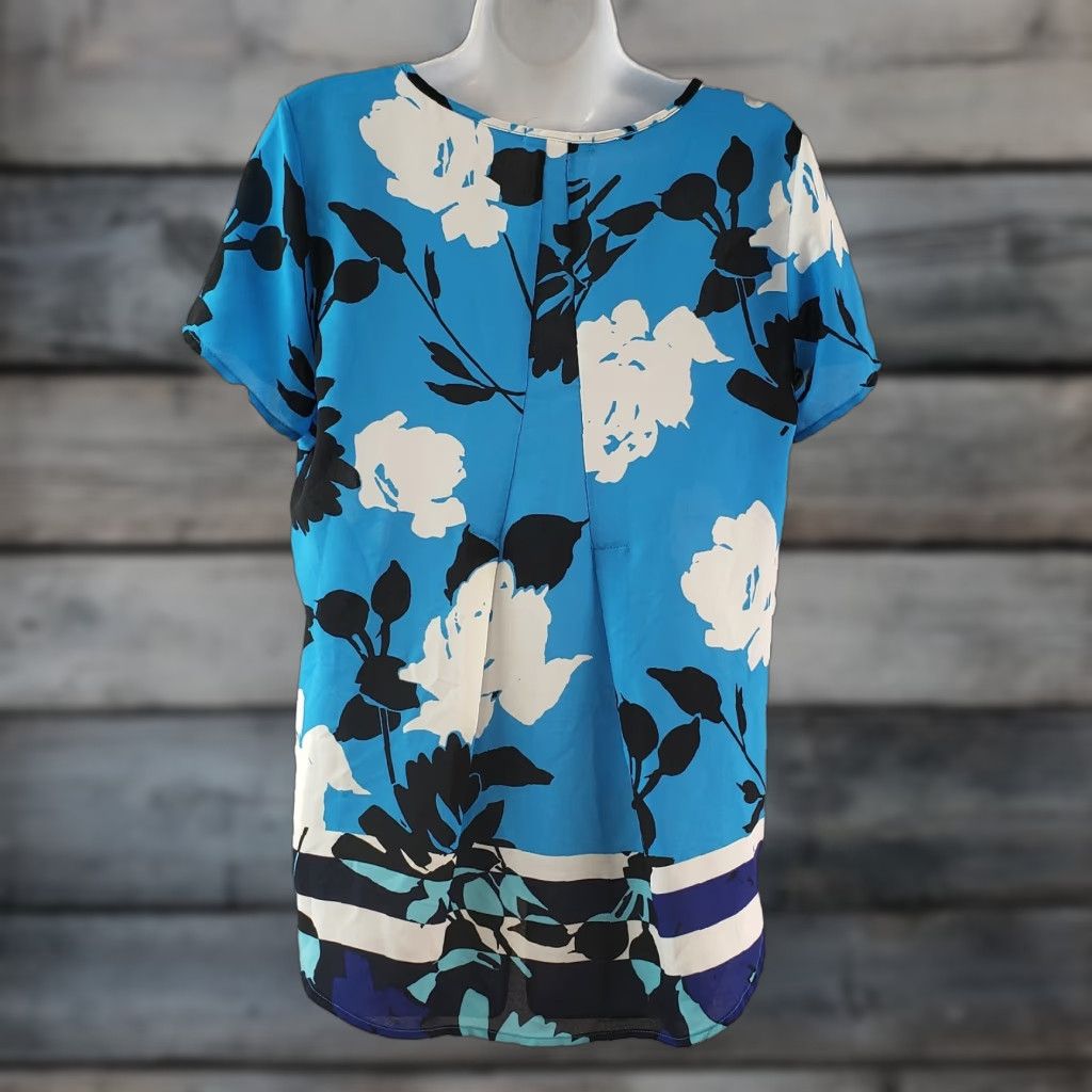 Vintage Pleione Womens Blouse Sz S Short Sleeve Floral Blue Black Printed Casual Shirts Womens Size S / US 4 / IT 40 - 1 Thumbnail