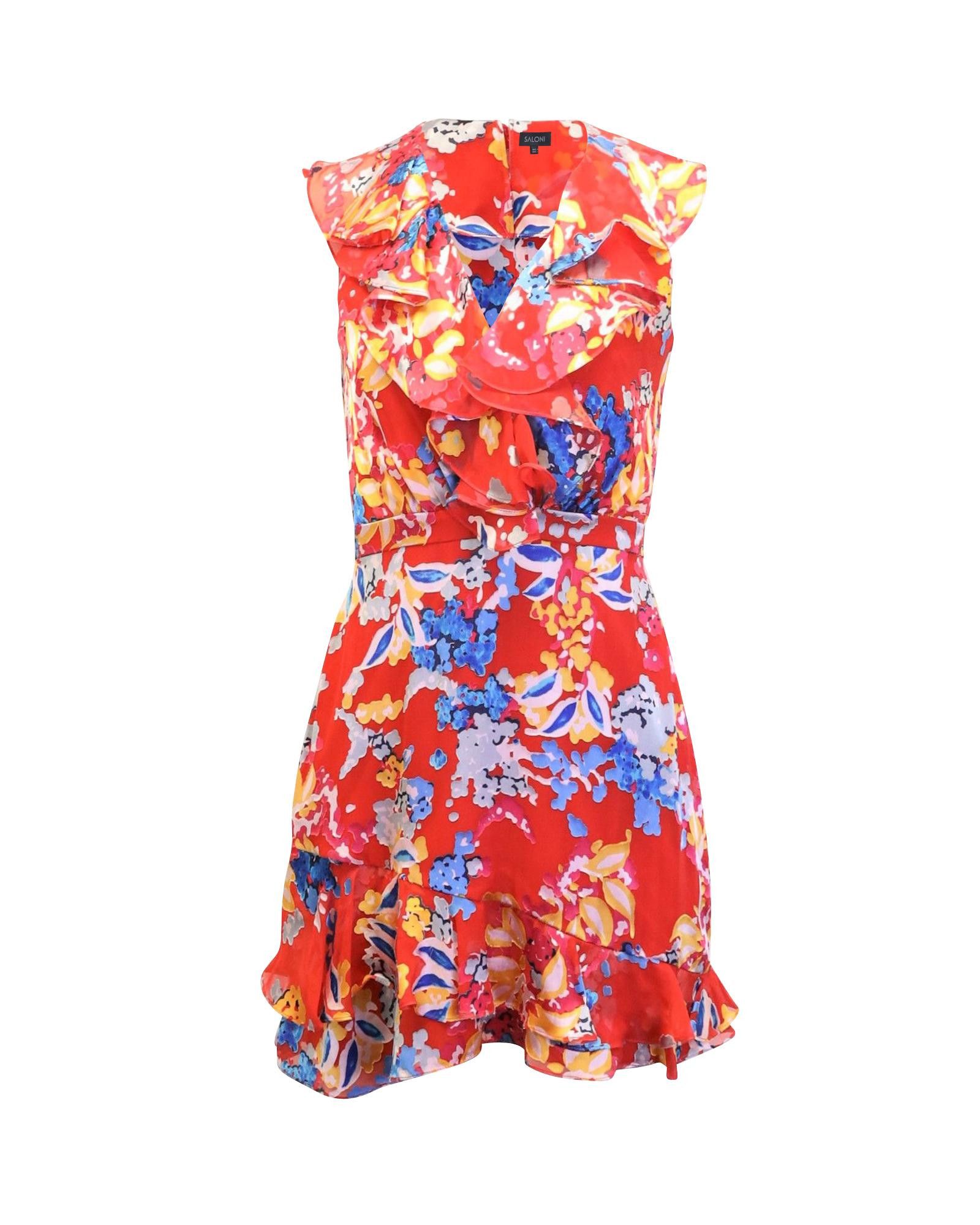 image of Saloni Floral Print Ruffled Mini Dress In Red Silk in Red Print, Women's (Size XS)