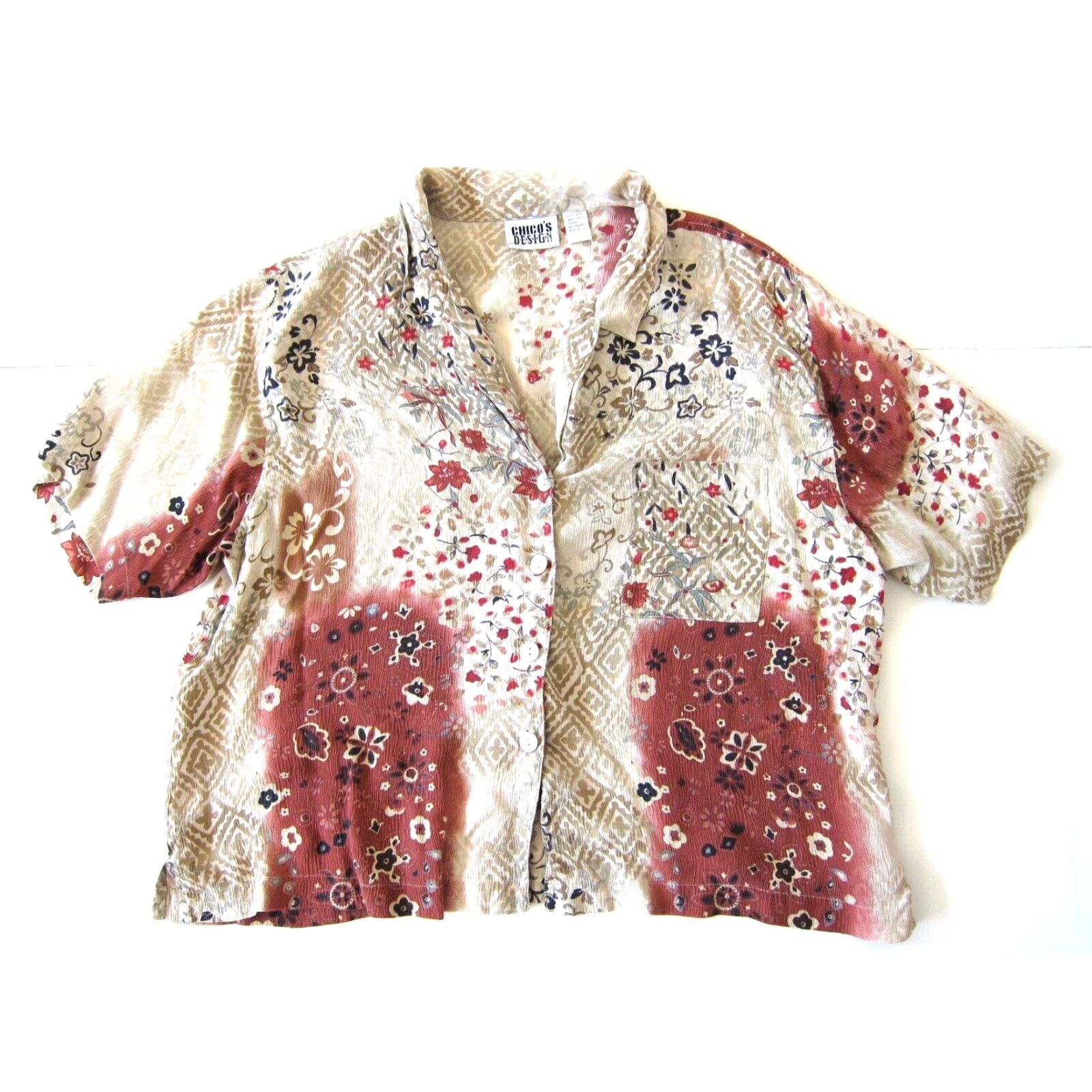 Vintage Chico's Design 100% Silk Brown Pink Floral Button Down Short Sleeve Blouse 3/L Size L / US 10 / IT 46 - 2 Thumbnail