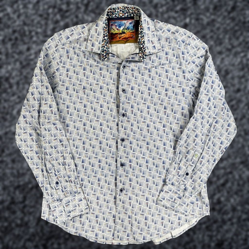 Robert Graham Robert Graham Dress Shirt Mens Large Blue Geometric Button Long Sleeve Cotton Size 42R - 1 Thumbnail