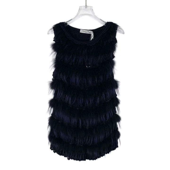 Dior Dior Dark Blue Fox Fur Sleeveless Dress Size L / US 10 / IT 46 - 1 Thumbnail