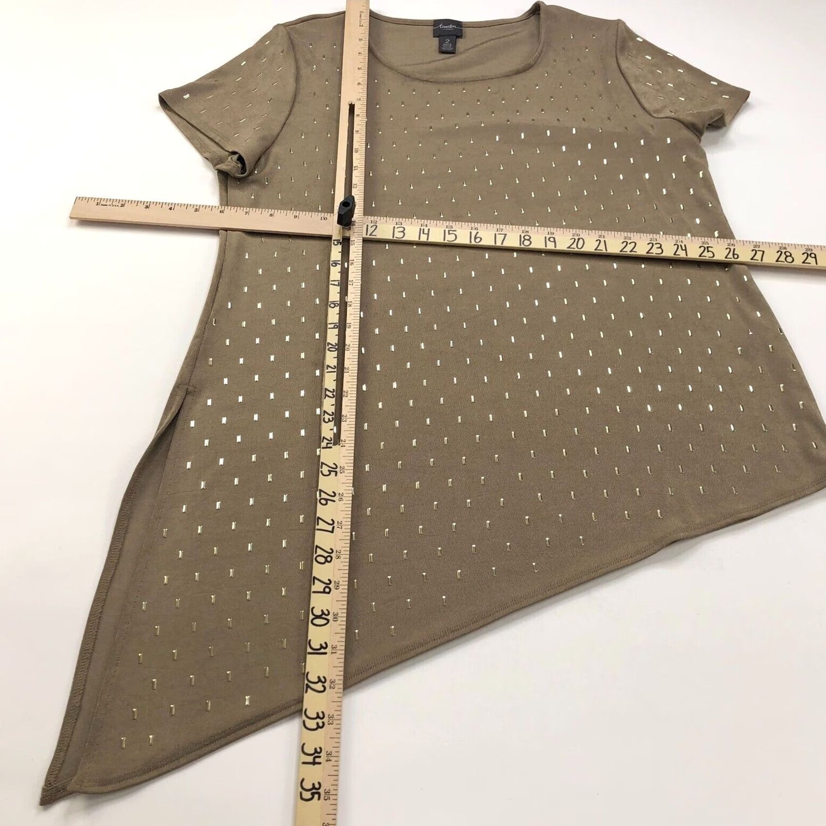 Vintage Travelers By Chico's Blouse Shirt Womens 2 Acetate Slinky Detailed Asymmetrical Pullover Top Short Sleeve Round Neck Brown XS? Size XS / US 0-2 / IT 36-38 - 4 Thumbnail