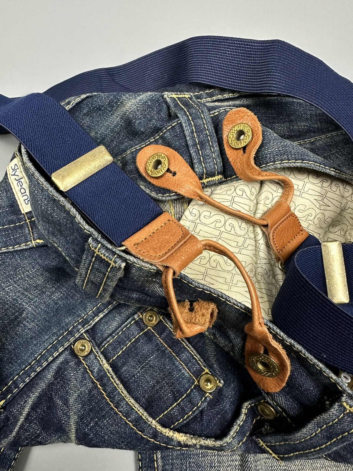 If Six Was Nine × Le Grande Bleu (L.G.B.) 🔥Flared🔥 SLY Glamour Jeans With Suspenders Leather Denim Size US 32 / EU 48 - 10 Thumbnail
