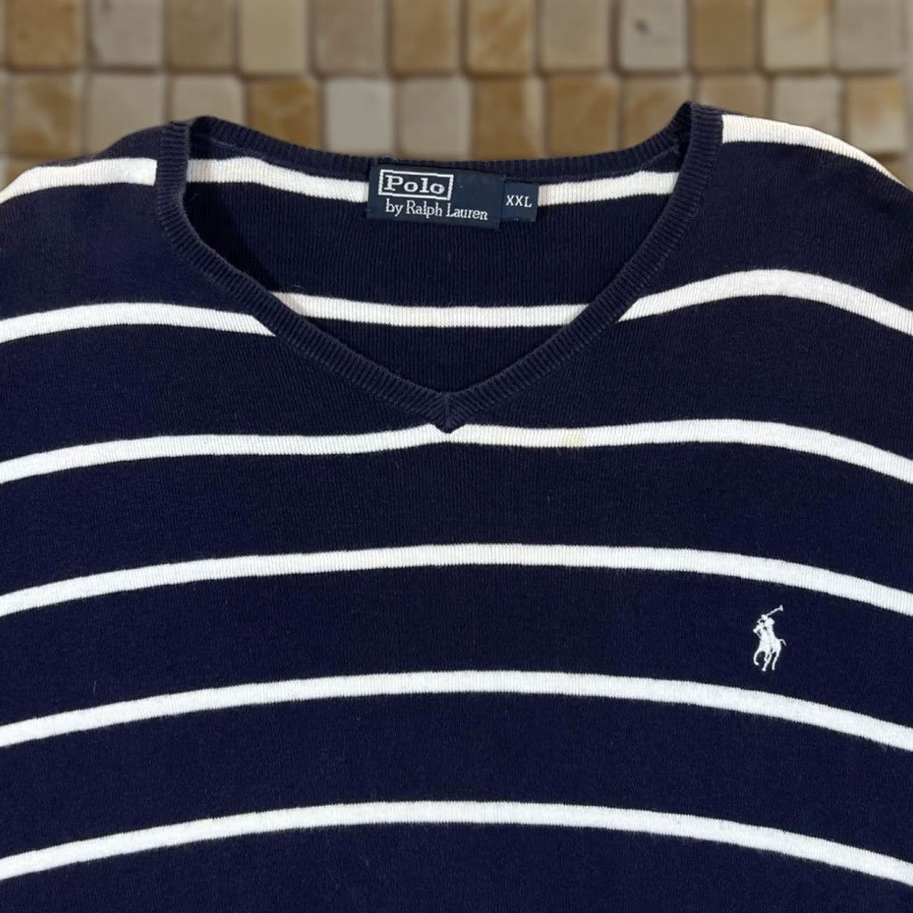 Polo Ralph Lauren POLO RALPH LAUREN Mini Logo Navy White Striped V-Neck Sweater Jumper XL (Best fits XXL) Mens Pullover Size US XL / EU 56 / 4 - 1 Thumbnail
