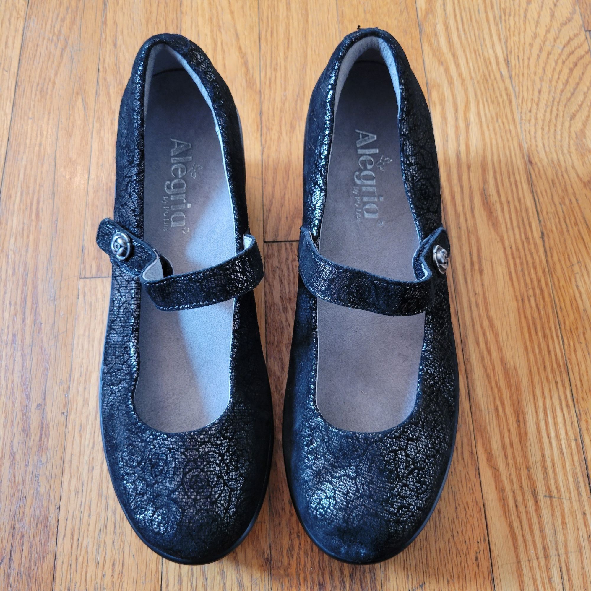 Vintage Alegria Black Metallic Floral Rose Leather Mary Jane Wedge H Size US 8.5 / IT 38.5 - 2 Thumbnail
