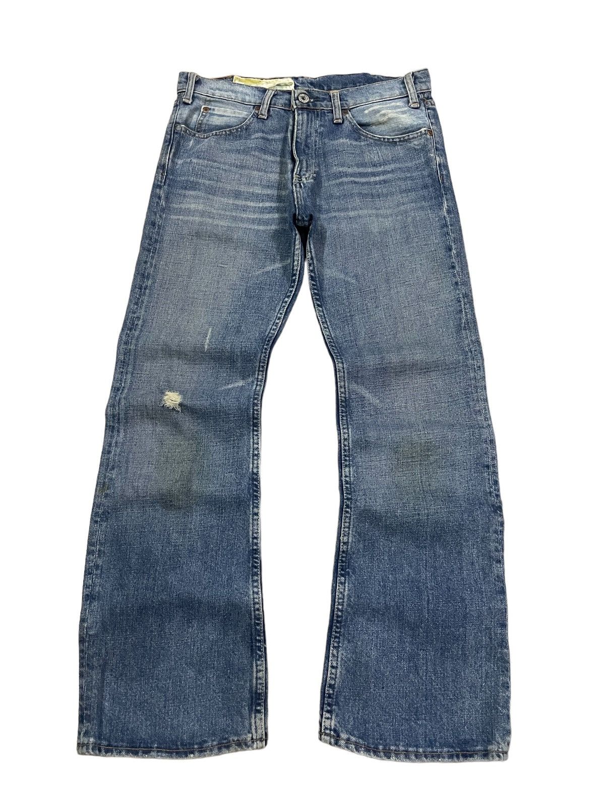 Image of Vintage VTG Japanese Americana Stone Wash Distressed Boot Cut Jeans in Blue Denim, Men's (Size 31)